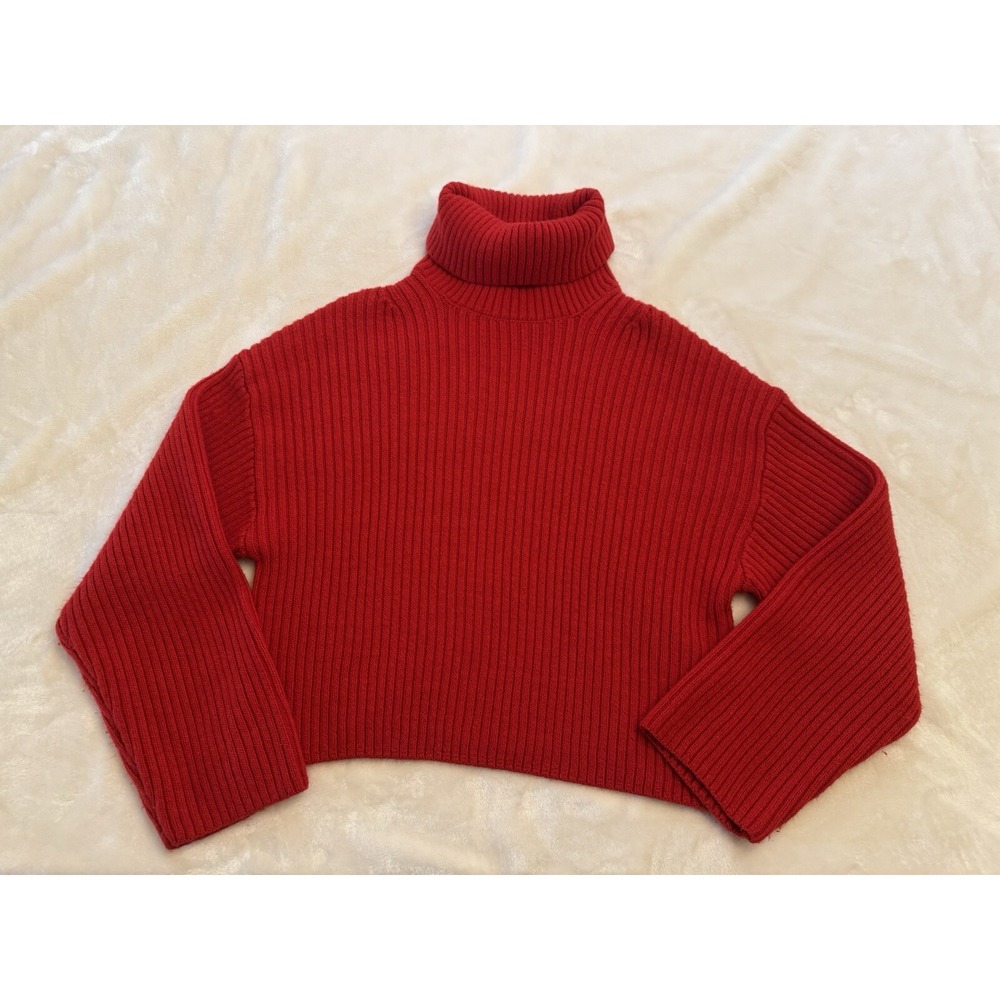 H&M Red Ribbed Knit Turtleneck Sweater Wool Blend Cropped Oversized XS 0942088-2